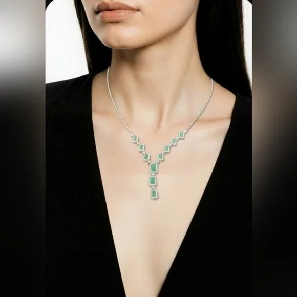 925 Sterling Silver Necklace 18 with Natural Emerald Gem & Cz